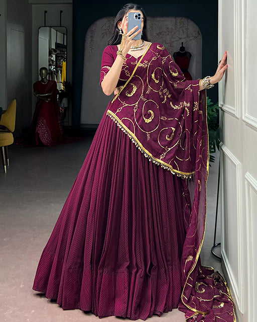 Wine Color Lightweight Thread Embroidered navratri Lehenga Set