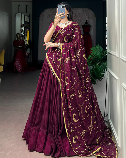 Wine Color Lightweight Thread Embroidered navratri Lehenga Set