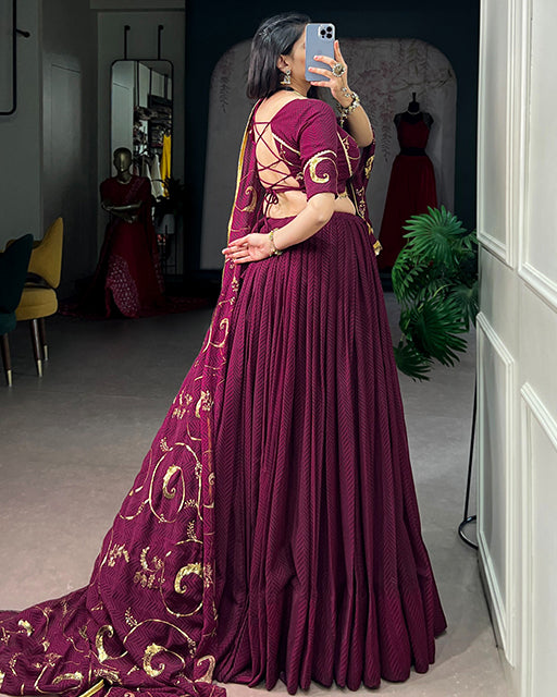Wine Color Lightweight Thread Embroidered navratri Lehenga Set