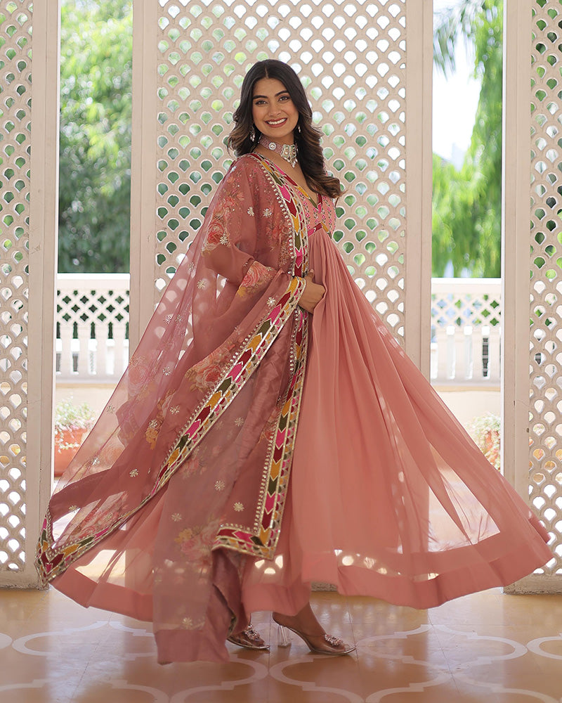 Peach Color Faux Georgette Alia Cut Gown With Dupatta