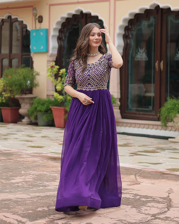 Purple Color Faux Blooming Embroidered Sequence Gown