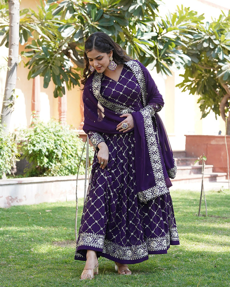 Designer Sequence Embridered Work In Faux Blooming Wine Color Anarkali Gown