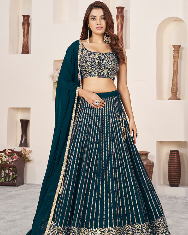 Green Color Georgette Embroidered Semi Stitched Lehenga Choli