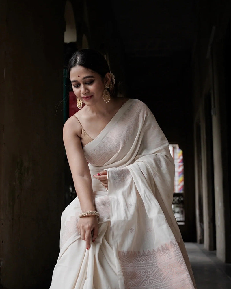 White Color Banarasi Jacquard Soft Silk Saree