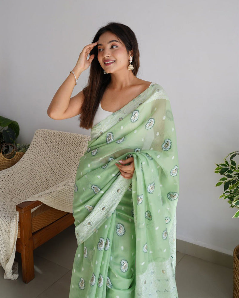 Beautiful Pista Color Soft Cotton Saree