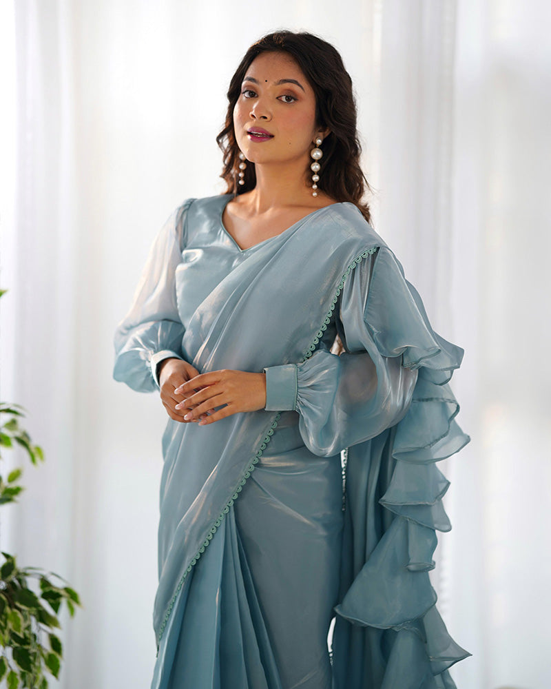 Sky Blue Color Jimmy Choo Pre Drapped Saree