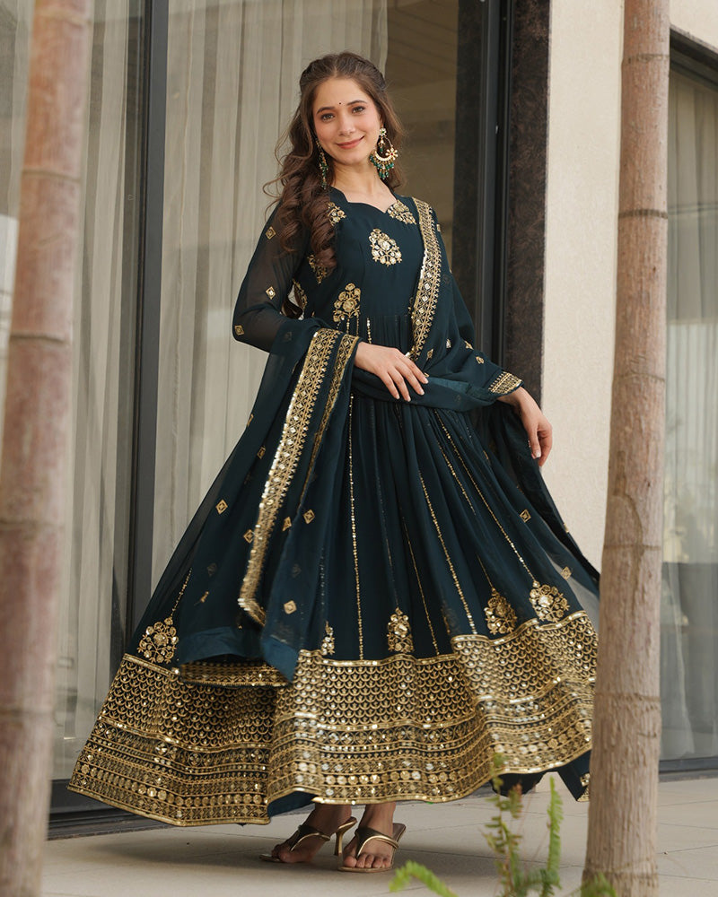 Deep Teal Green Color Designer Golden Embroidered Gown