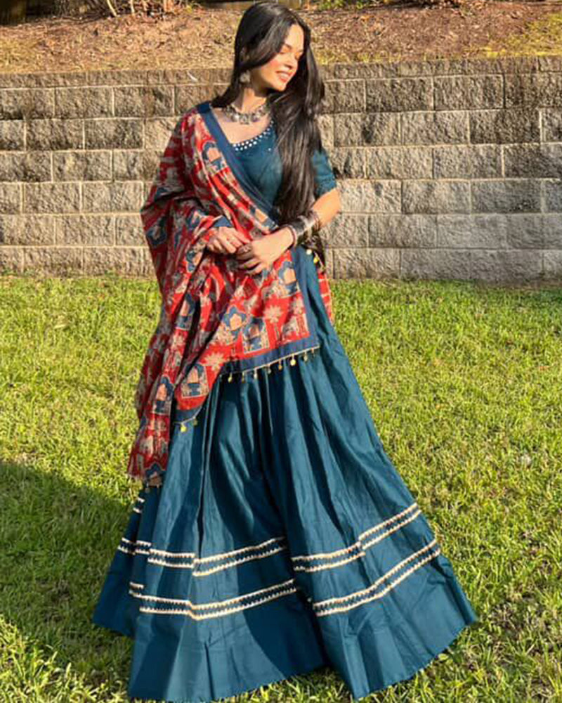 Janvi Joshi In Firozi Color Cotton Plain Navratri Lehenga Choli