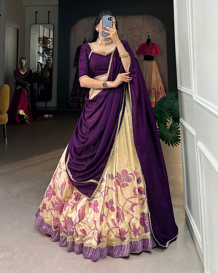 Purple Color Green Silk Printed Lehenga Choli