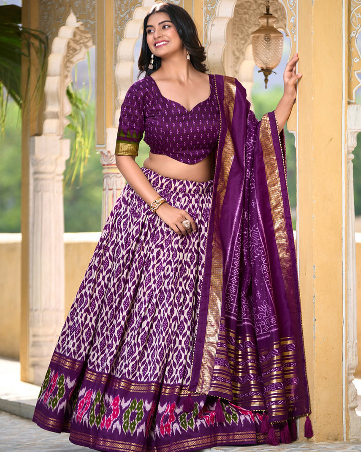 Purple Color Tussar Silk Ikkat Printed Lehenga Choli