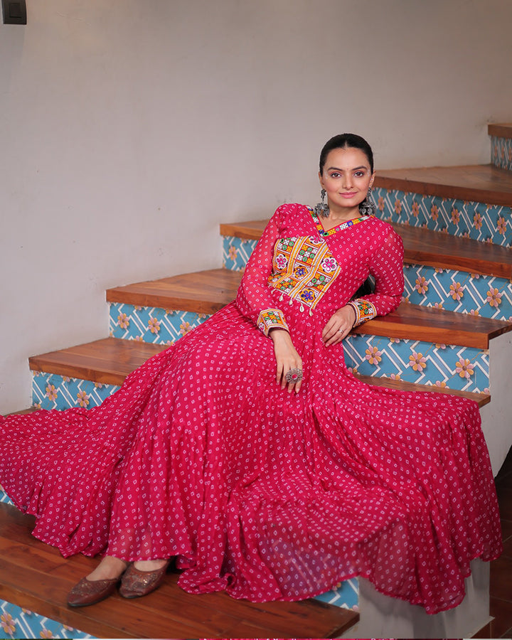Pink Color Georgette Bandhani Print Navratri Gown