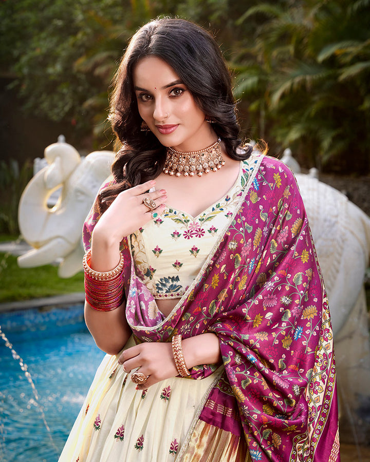 Flower Shape Off-White Color Cotton Lehenga Choli