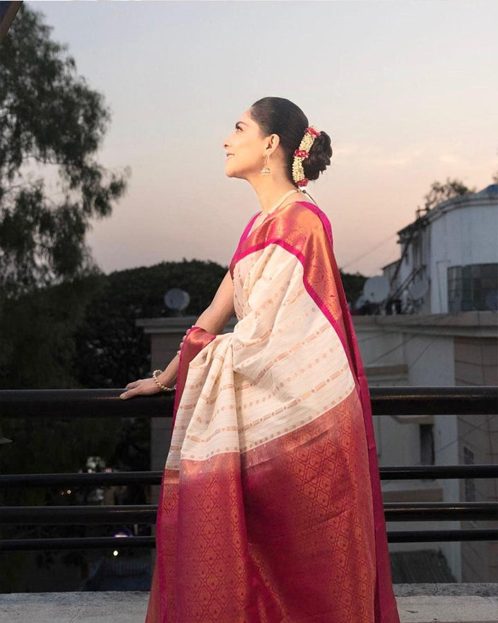 Pink And white Banarasi Soft Silk Saree