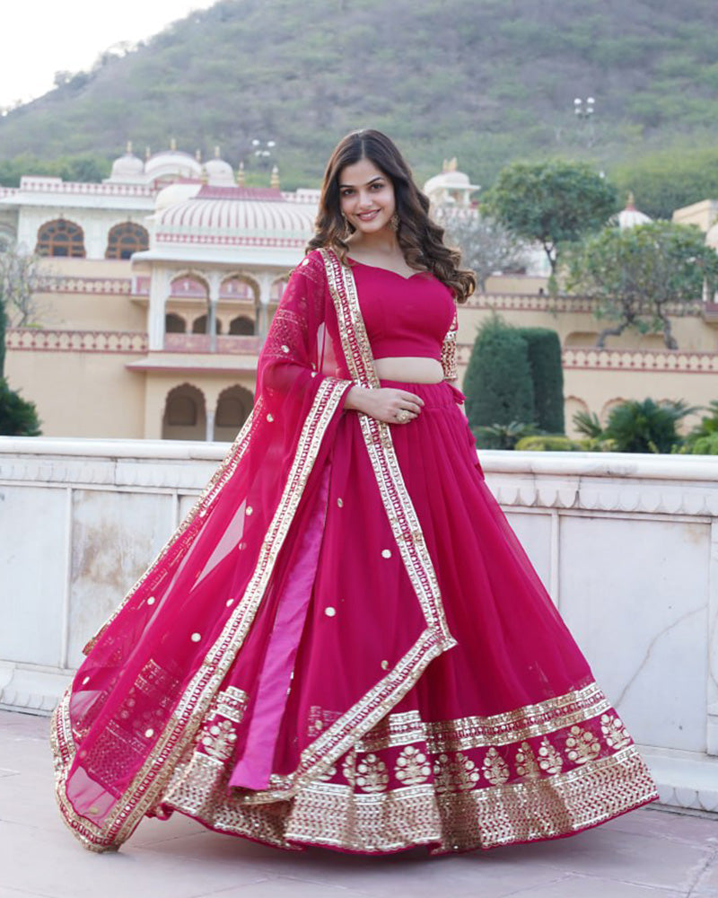Designer Pink Color Faux Blooming Semi stitched Lehenga Choli