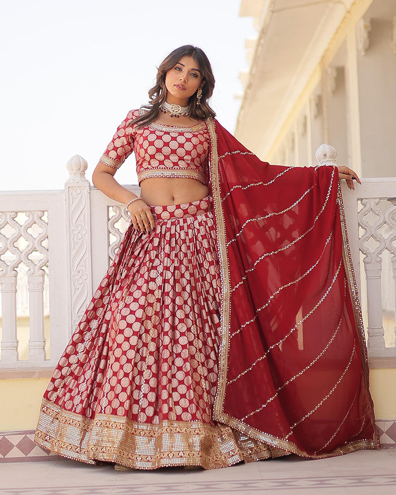 Red Color Pure Viscose Jacquard Lehenga Choli
