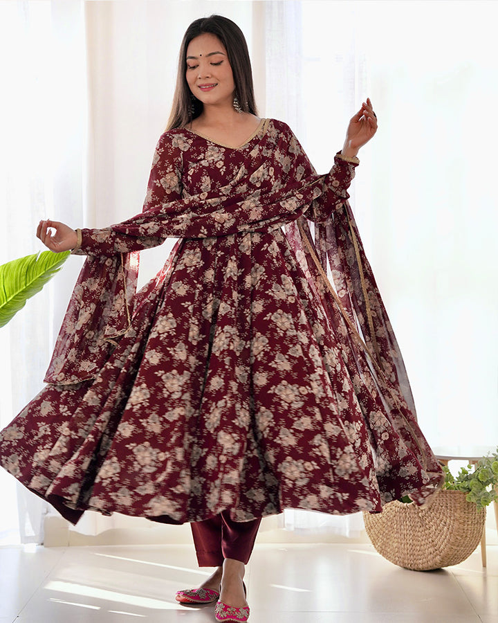 Dark Maroon Color Georgette Three Piece Anarkali Suit