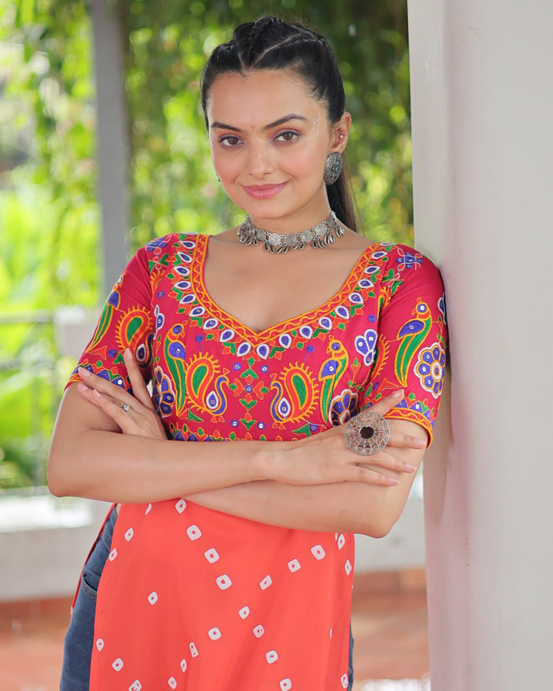 Traditional Orange Pink Color Bandhani Print Navratri Kurti
