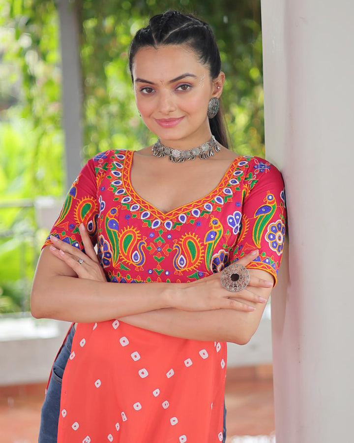 Traditional Orange Pink Color Bandhani Print Navratri Kurti