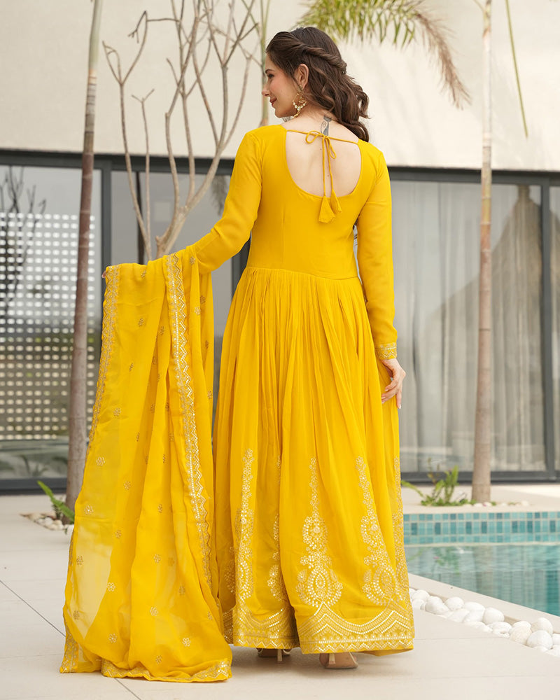 Yellow Color Faux Blooming Embroidered Gown