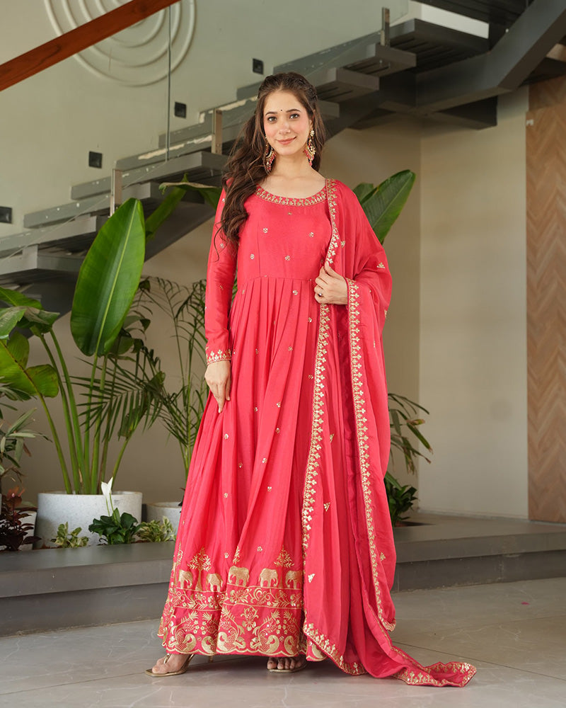 Peach Color Chinon Silk  Sequins Embroidered Gown