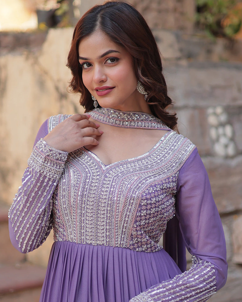 Lavender Color Star Georgette Embroidered Gown