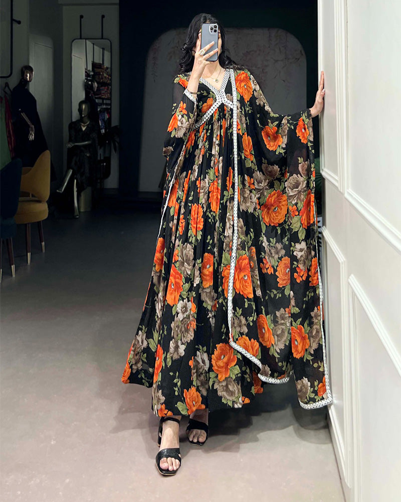 Black And Orange Color Floral Printed Georgette Gown