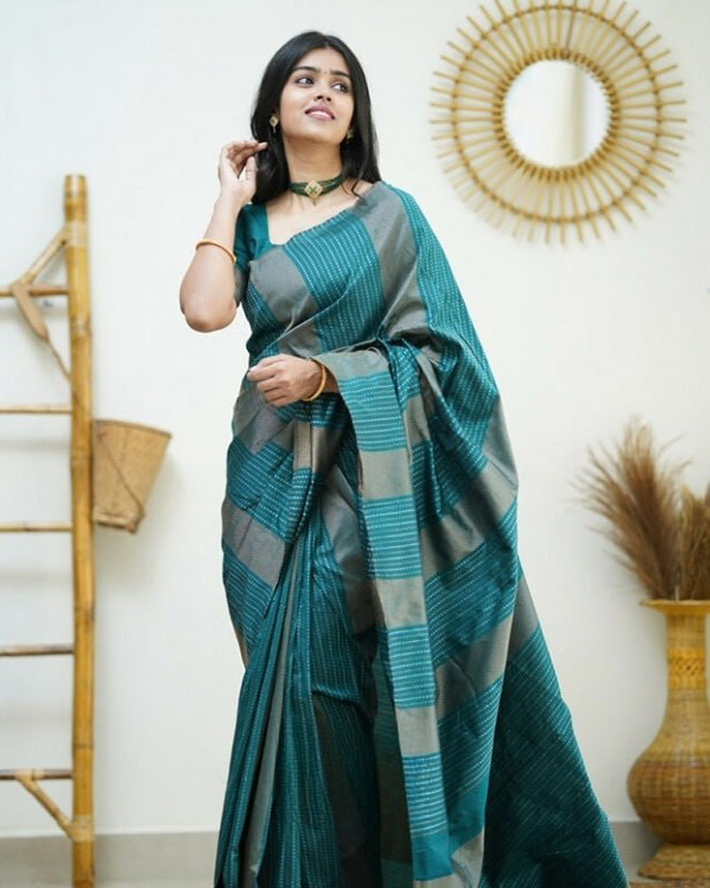 Rama color Banarasi Soft Silk Saree