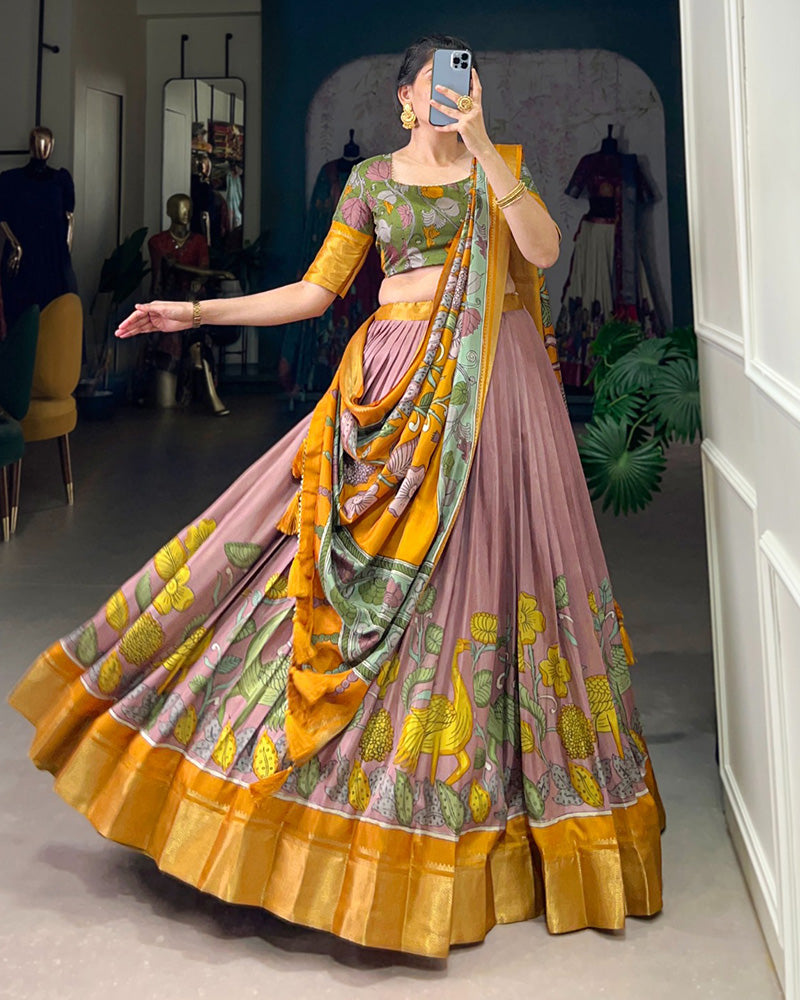 Onion Color Jacquard Dola Silk Printed Half Saree