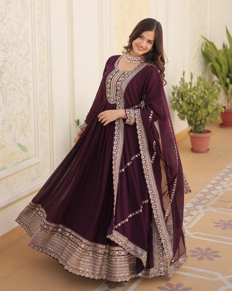 Wine Color Faux Blooming Rich Sequence Embroidered Gown