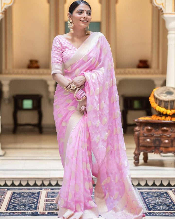 Baby Pink Color Banarasi All over Jacquard Soft Silk Saree