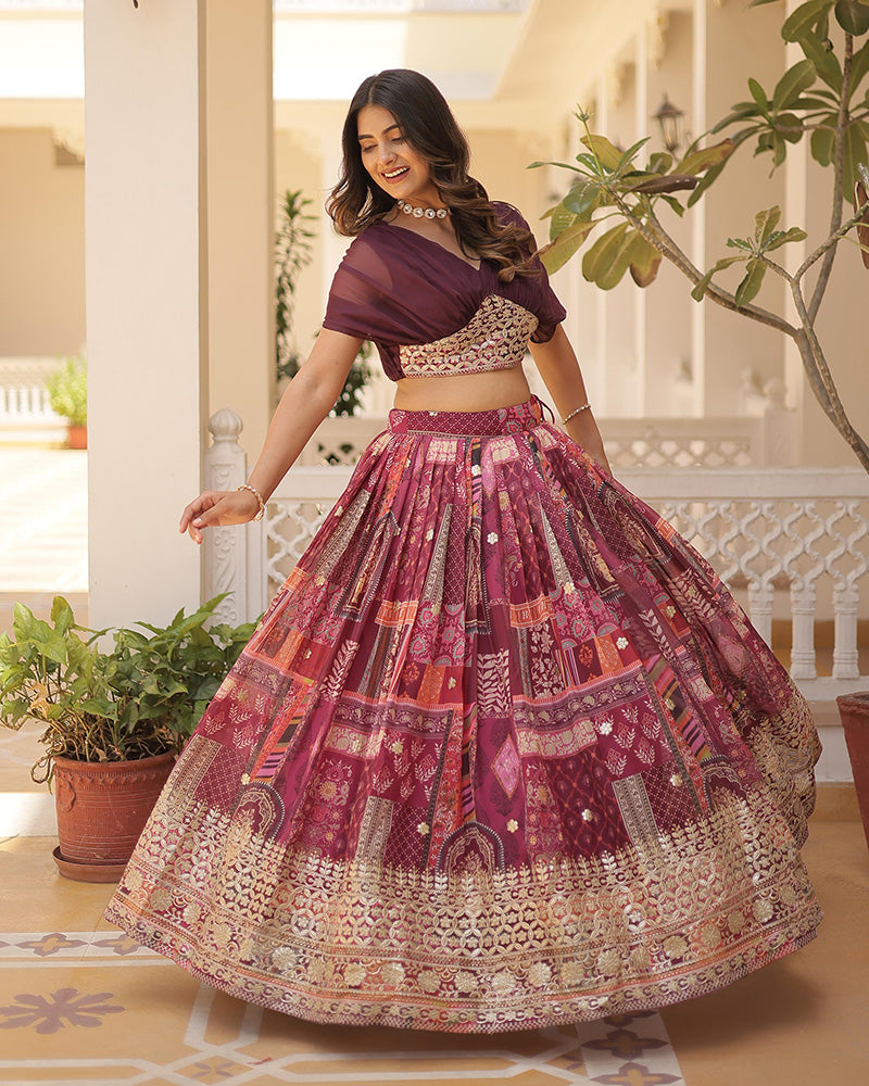Wine Color Designer Russian Silk Embroidery Crop Top Lehenga Choli