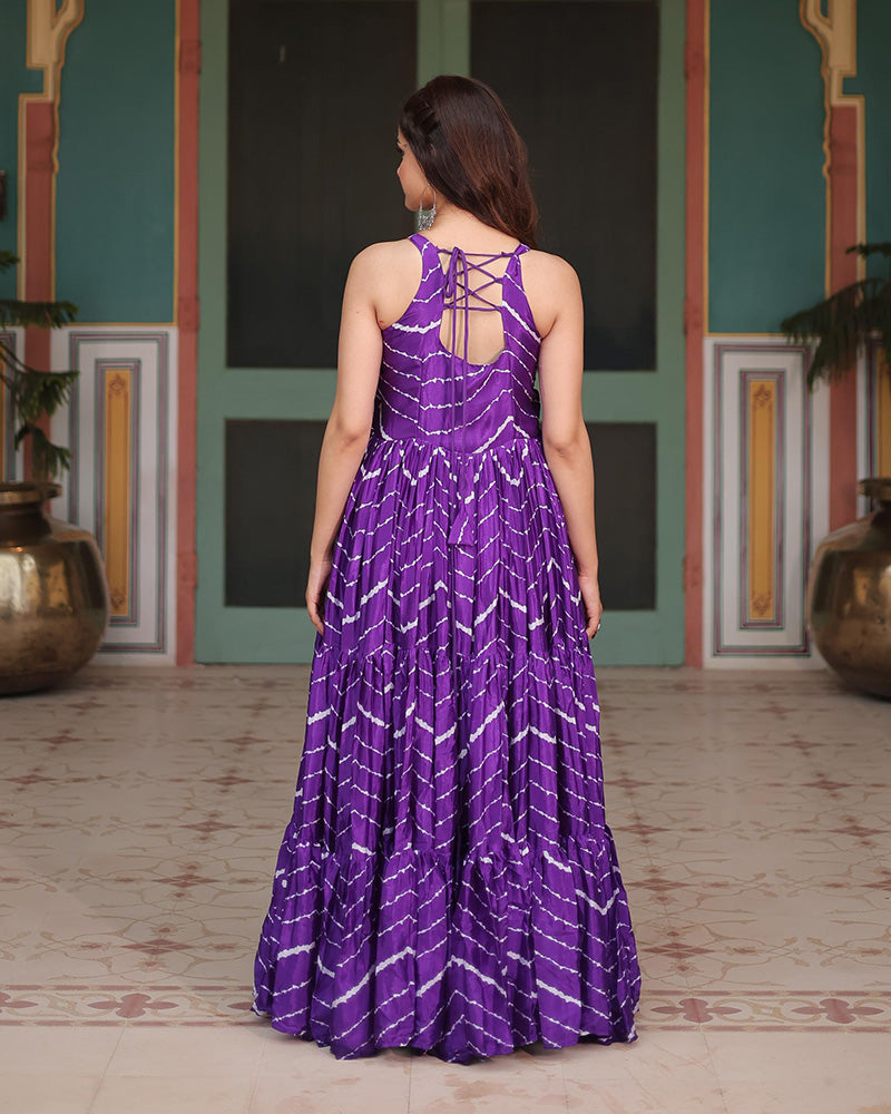 Purple Color Chinon Laheriya Print Navratri Gown