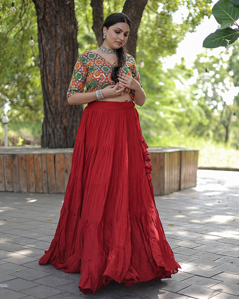 Red Color Rayon Full Flair Navratri Lehenga Choli