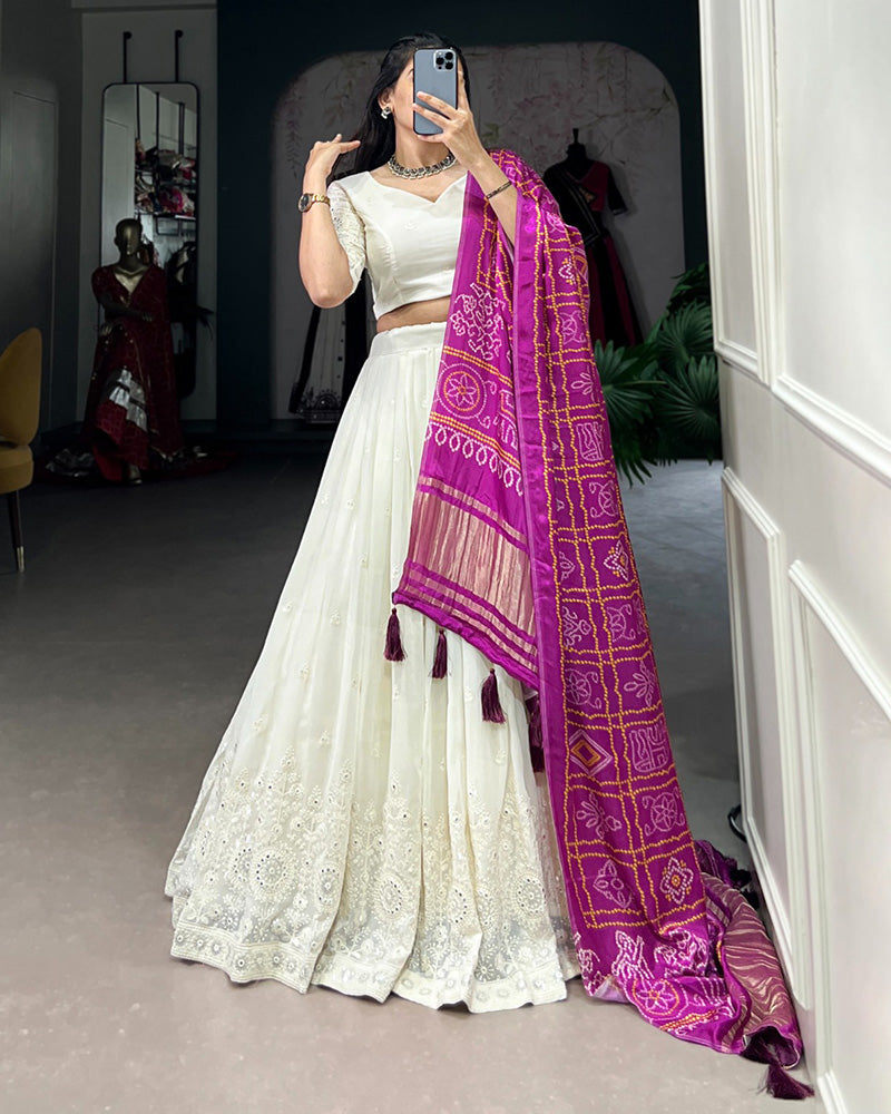 Off White Color Lucknowi Work Lehenga Choli With Different Dupatta