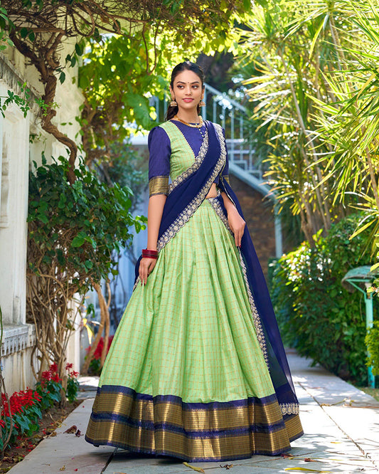 premium Pista Color Zari Chex Half Saree