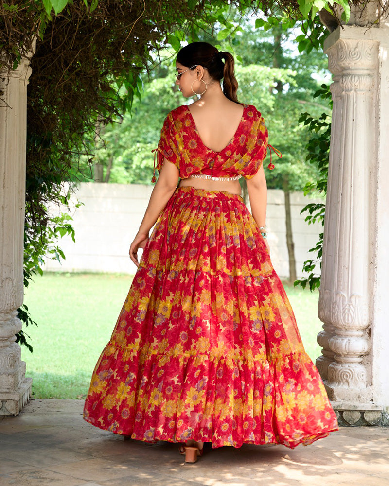 Red Color Chiffon Printed Crop Top Lehenga Choli