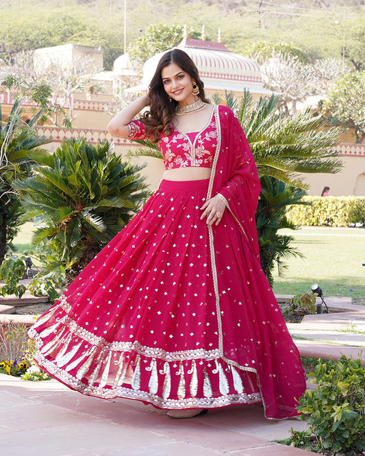 Rani Pink Color Sequence Embroidered Faux Blooming Lehenga Choli