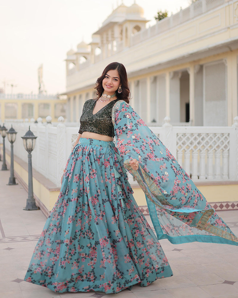 Sky Blue Color Russian Silk Embroiderde Lehenga Choli