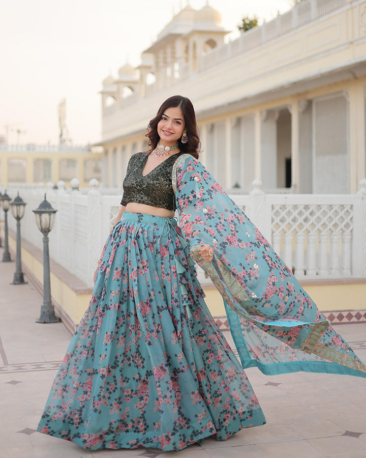 Sky Blue Color Russian Silk Digital Printed Lehenga Choli