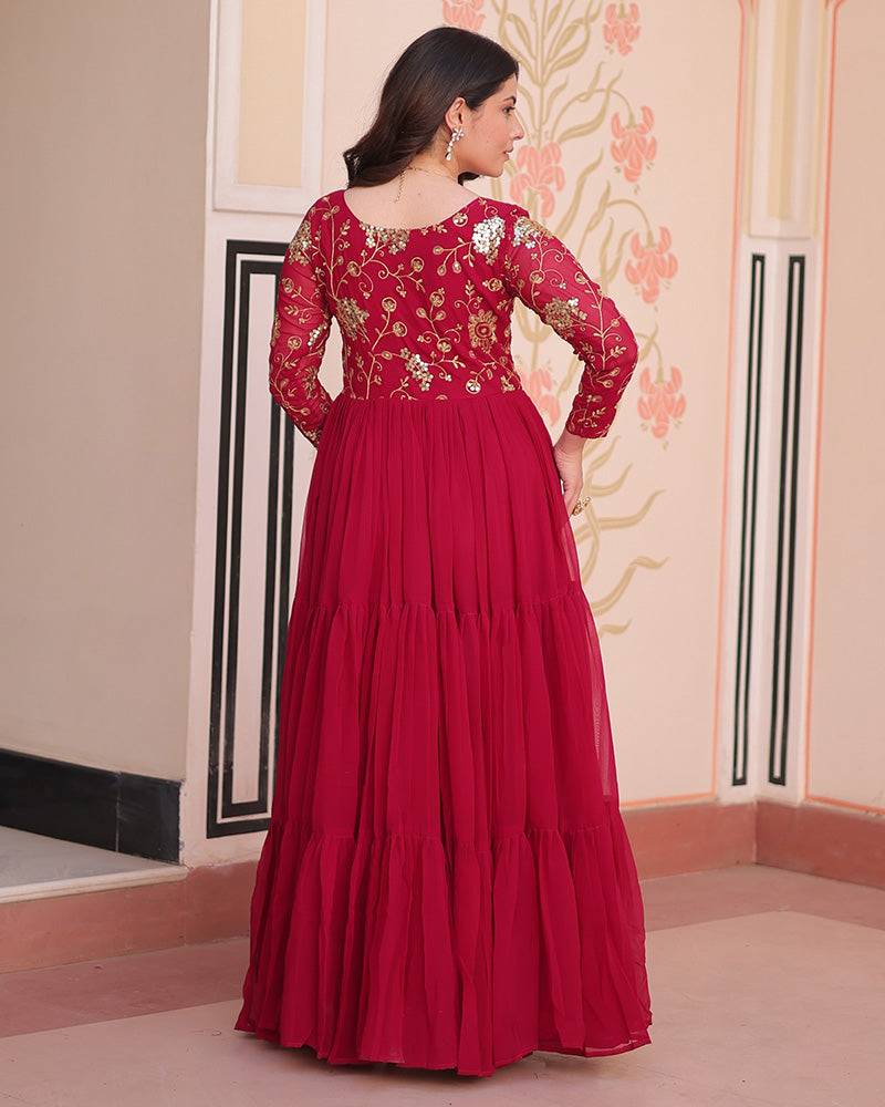 Elegant Rani Pink Floor-Length Gown With Golden Threadwork