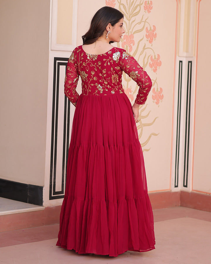 Elegant Rani Pink Floor-Length Gown With Golden Threadwork