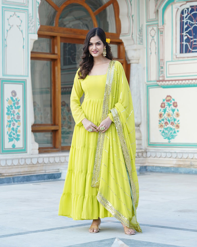 Parrot Color Five layer Georgette Anarkali Gown With Dupatta