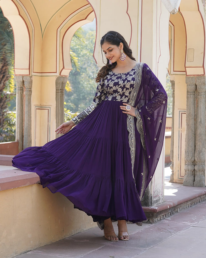 Purple Color Anarkali Gown With Faux Blooming Dupatta