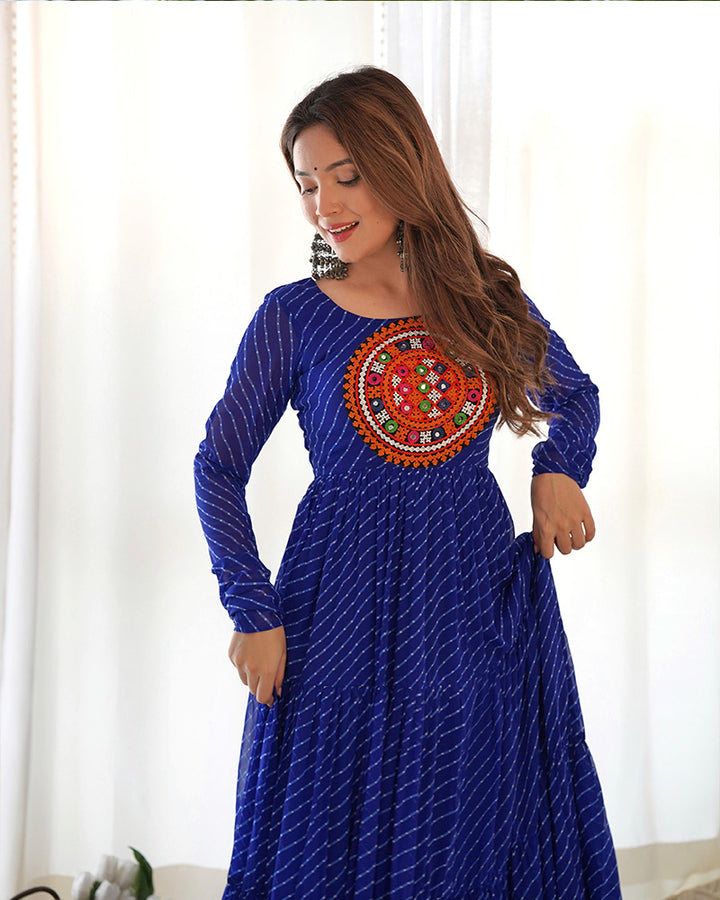 Royal Blue Color Georgette Laheriya Print Navratri Gown