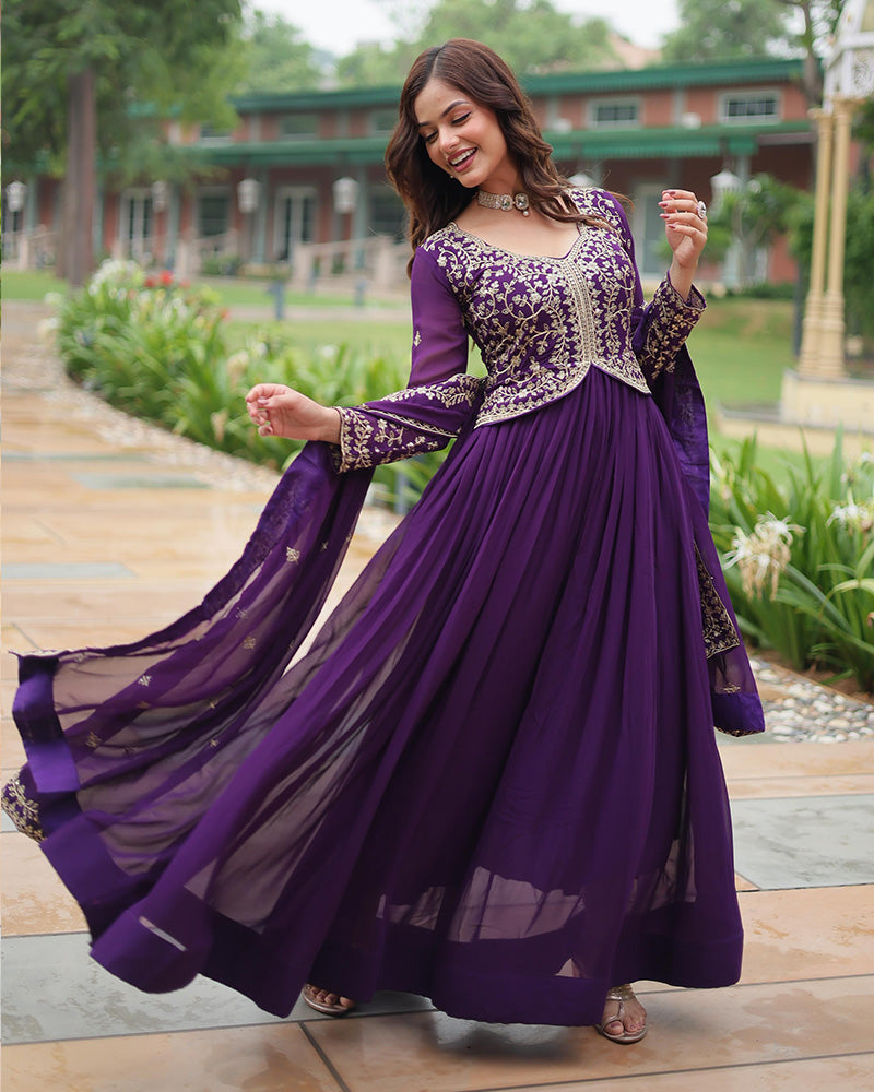 Purple Color Faux Blooming Multi Embroidered Work Gown