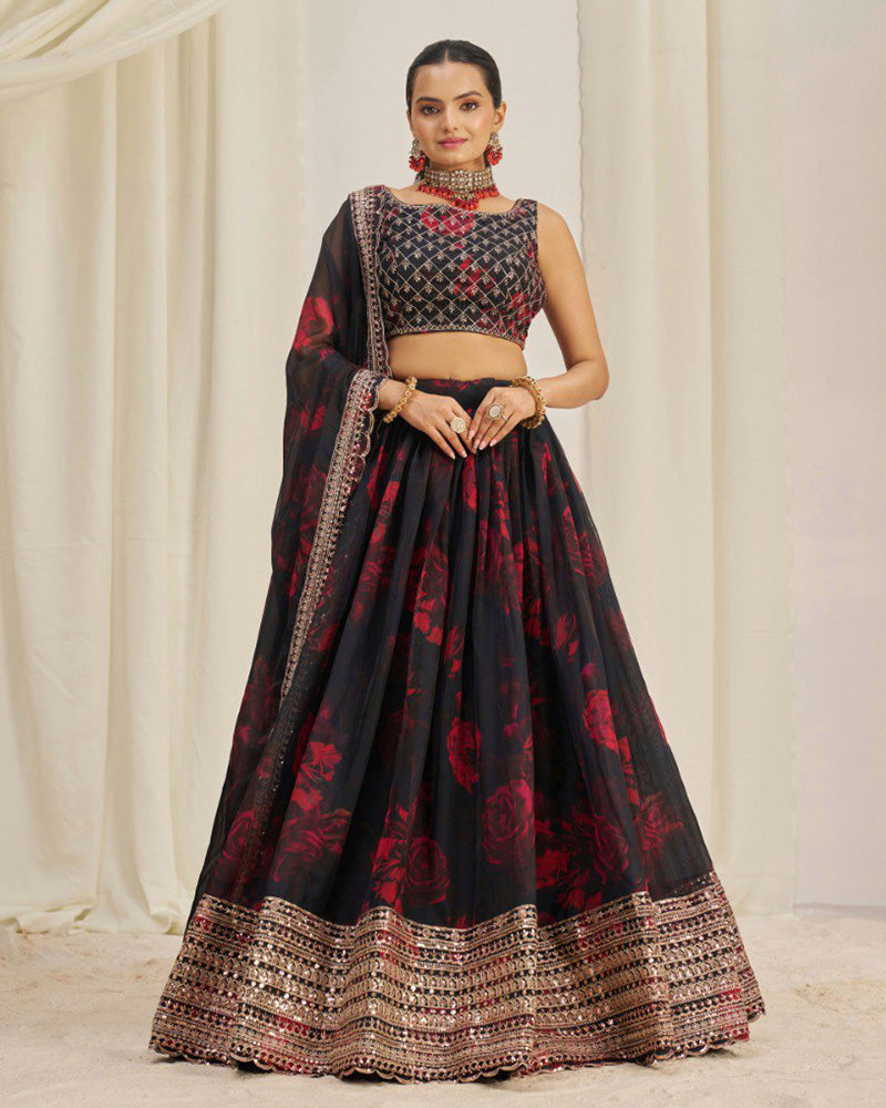 Black And Red Color Floral Print Soft Organza Lehenga Choli