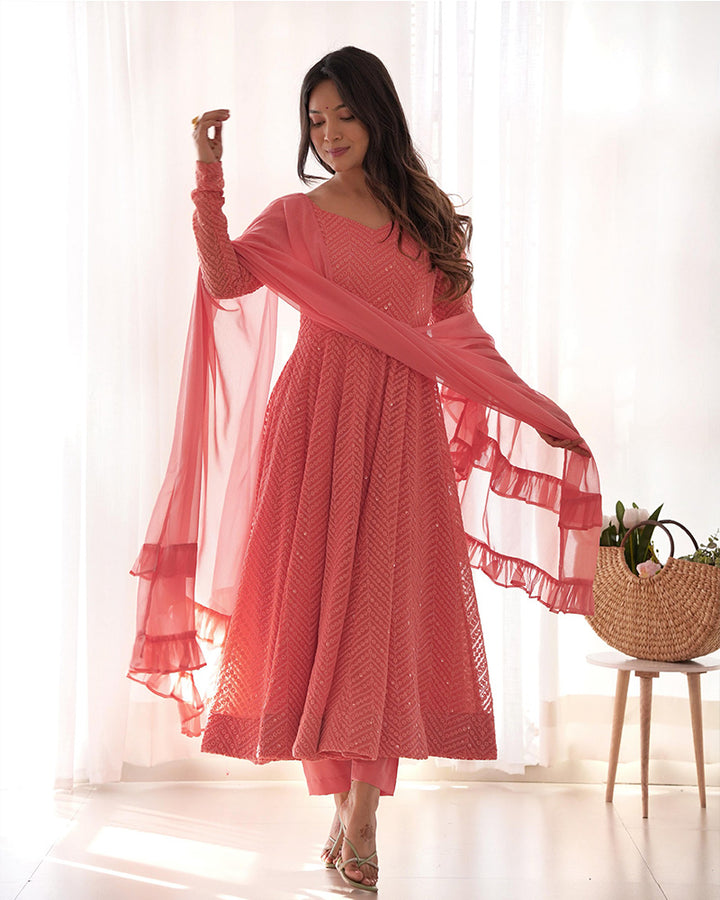 Dark Peach Color Georgette Lucknowi Three Piece Anarkali Suit
