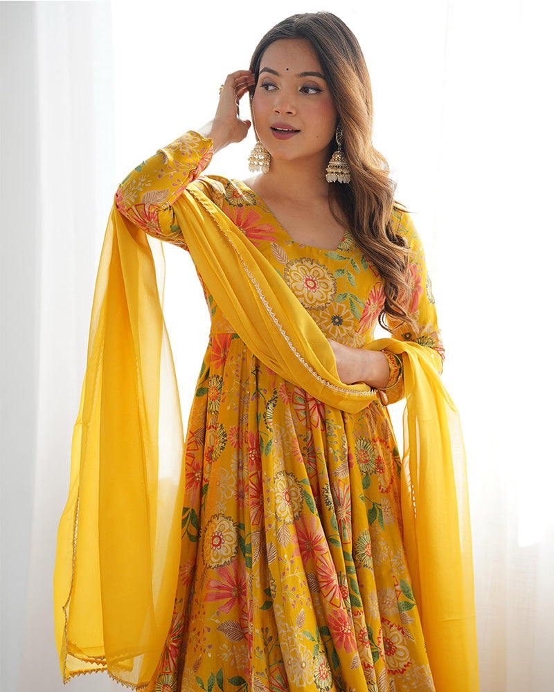 Mustard Color Roman Silk Discharge Printed Plazzo Suit