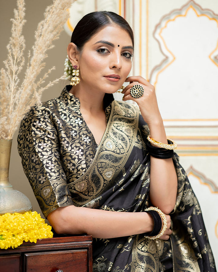 Black Color Banarasi Jacquard Zari Weaving Saree