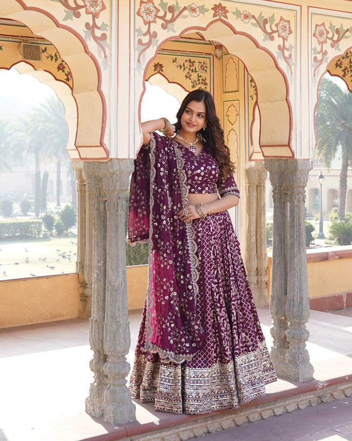 New Design Wine Color Sequence Embroidered Jacquard Lehenga Choli